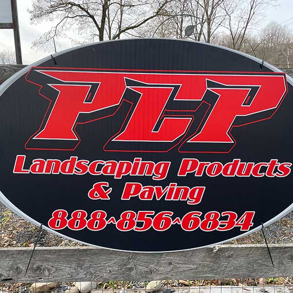 Black board with red alphabets showing company information